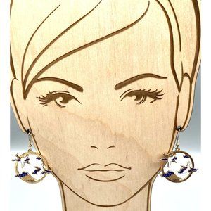 Vintage Flying Cranes Cloisonne Earrings, Dangle Circles on Gold Tone with Blue